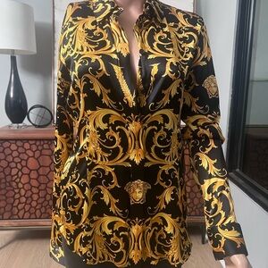 Versace Black and Gold Silk Baroque Print Top